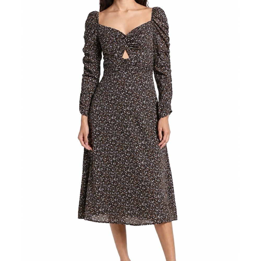 ASTR The Label Black Floral Puff Sleeve Midi Dress Cottagecore Romantic Size L